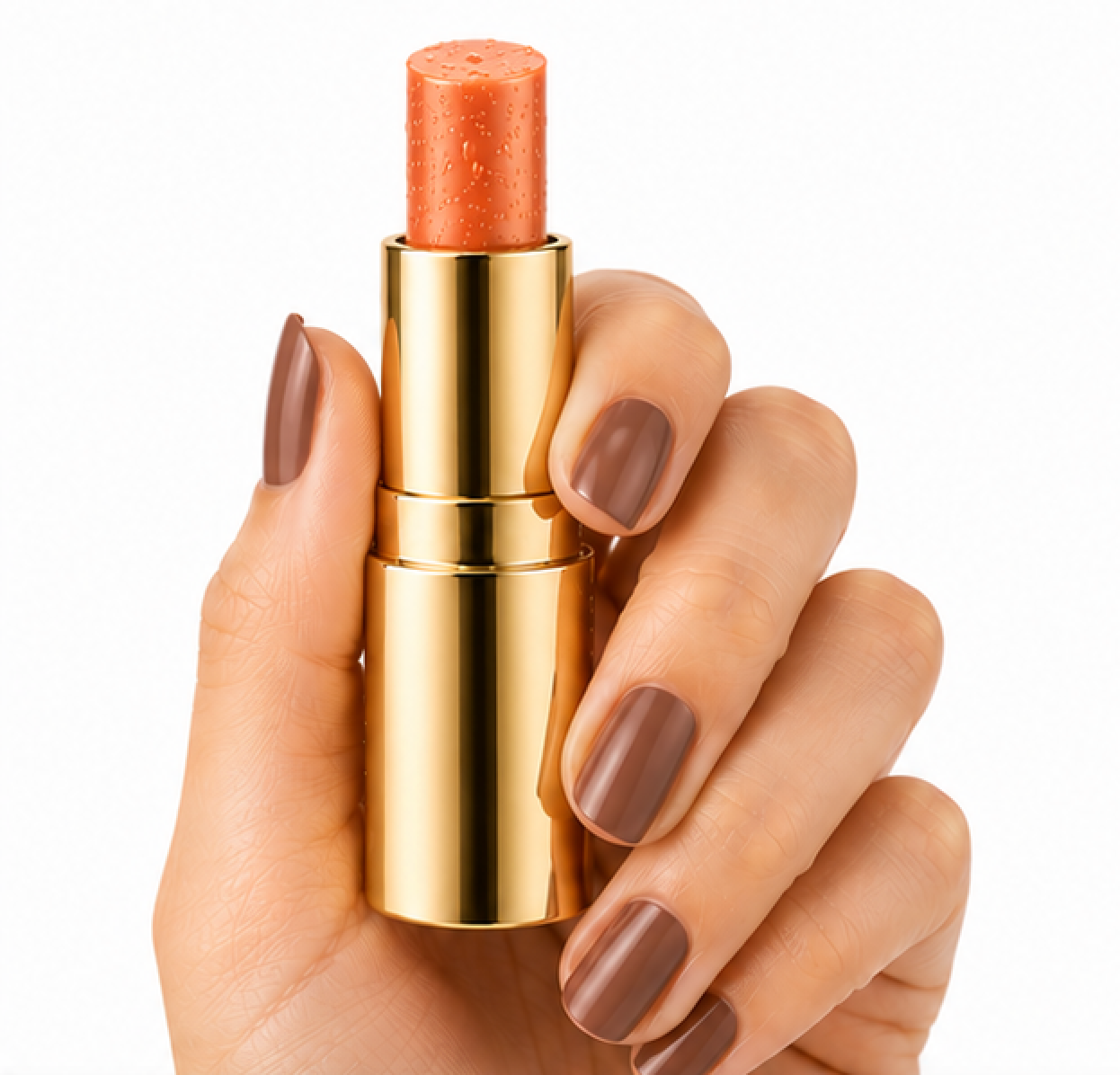 Hand holding a gold lipstick with an orange shade on a white background