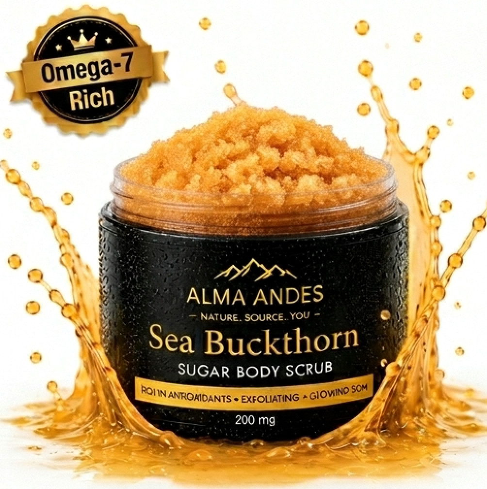 Alma Andes Sea Buckthorn Sugar Body Scrub with Omega-7 Rich label on a white background