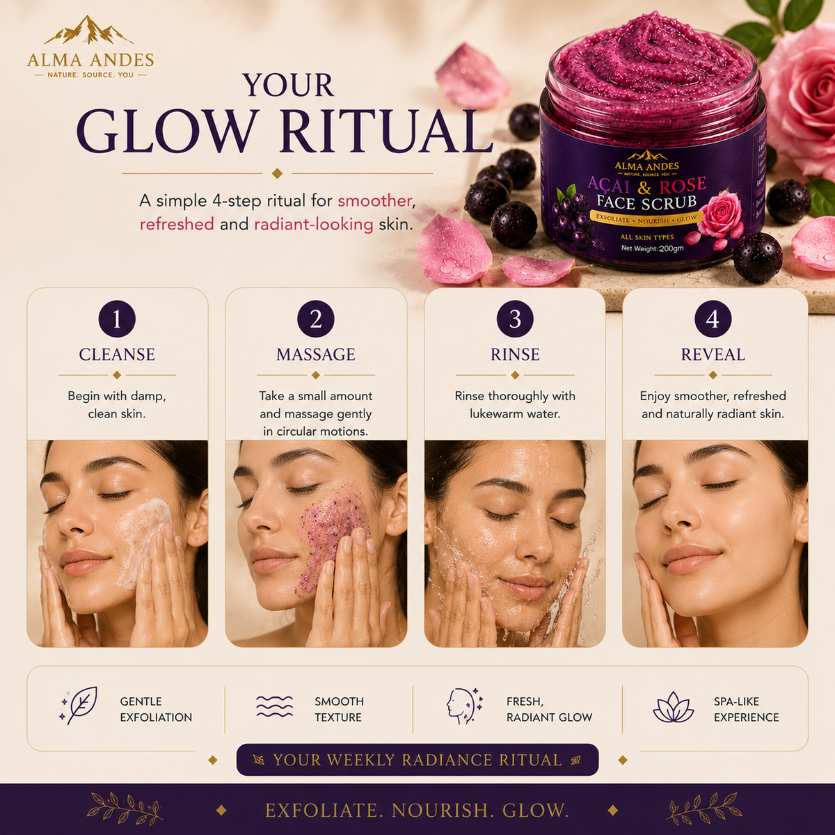 Alma Andes Açaí Berry & Rose Face Scrub for Tan Removal & Glowing Skin | Gentle Exfoliating Face Scrub for Blackhead Removal, Clogged Pores & Dead Skin | Non-Drying | For Men & Women (200g) - Slide 6