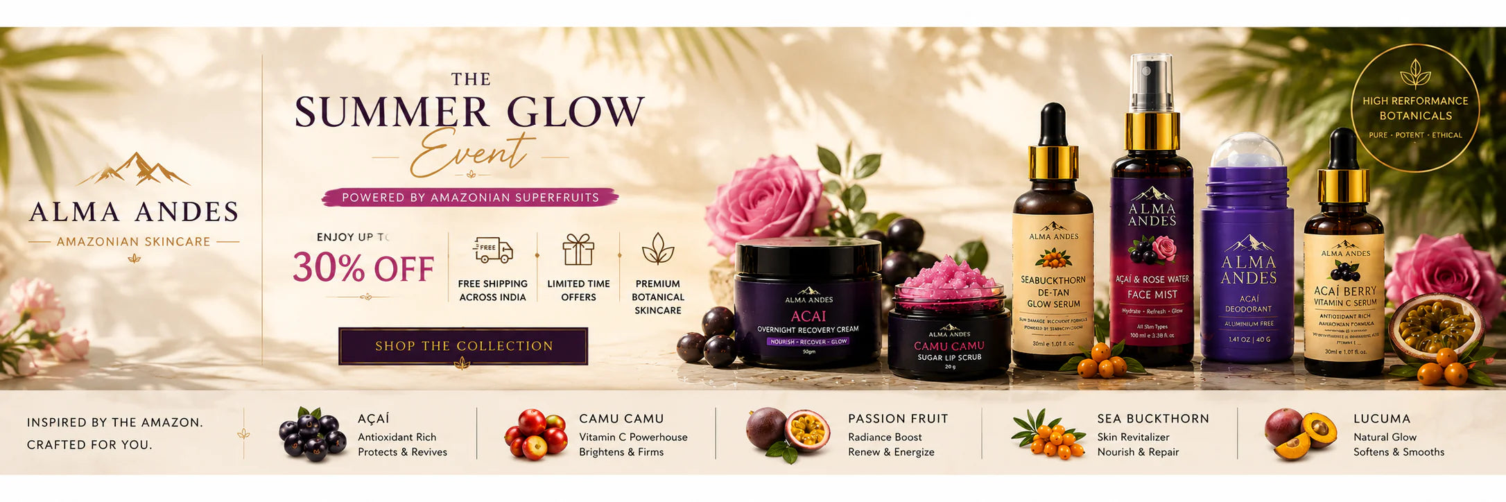 Alma Andes Summer Glow Client promotional banner featuring multiple skincare bottles and jars with droppers, pink roses, and tropical leaves on a warm beige background with text offering 30% off.