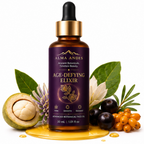 Bottle of Alma Andes Age-Defying Elixir with natural elements on a white background