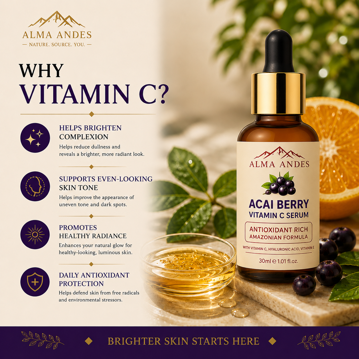 Vitamin C Face Serum with Hyaluronic Acid, 10% Niacinamide & Acai - Slide 3