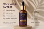 Alma Andes Acai Berry Vitamin C Serum bottle with benefits listed on a beige background