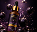 Alma Andes Acai Berry Vitamin C Serum bottle with dropper surrounded by acai berries on a dark background