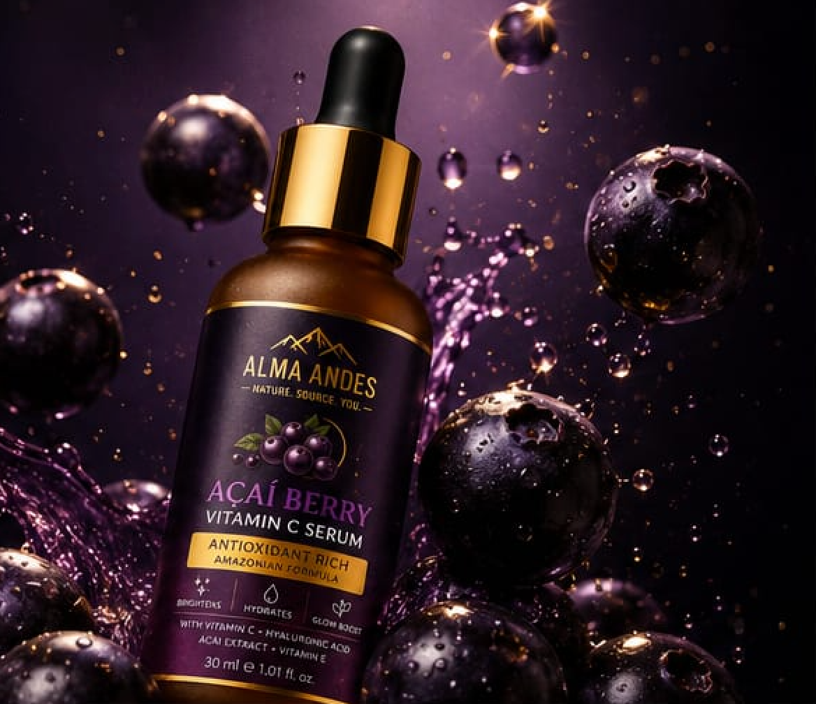 Alma Andes Acai Berry Vitamin C Serum bottle with dropper surrounded by acai berries on a dark background