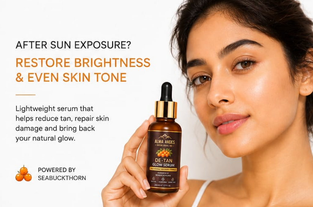 Woman holding a skincare serum bottle with text about its benefits on a light background