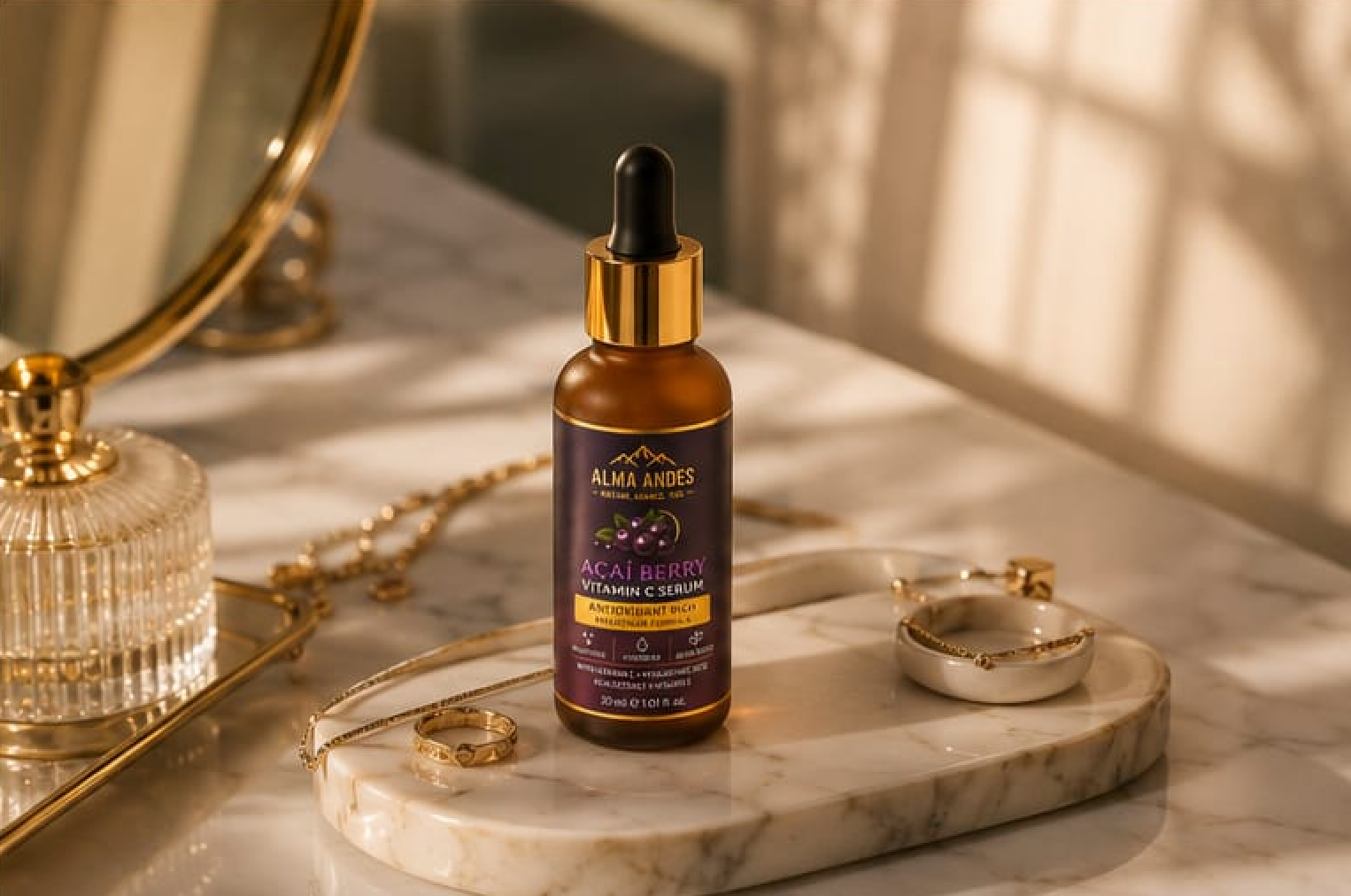 Alma Aures facial oil dropper bottle on a marble surface with decorative items.