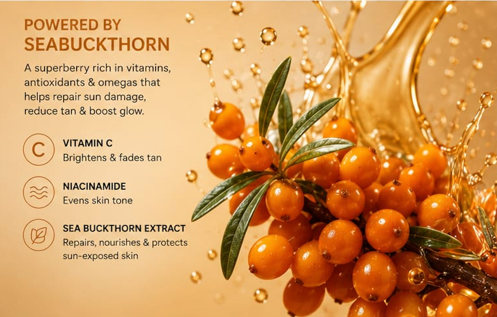 Seabuckthorn berries with a splash of liquid on a beige background, highlighting its benefits.