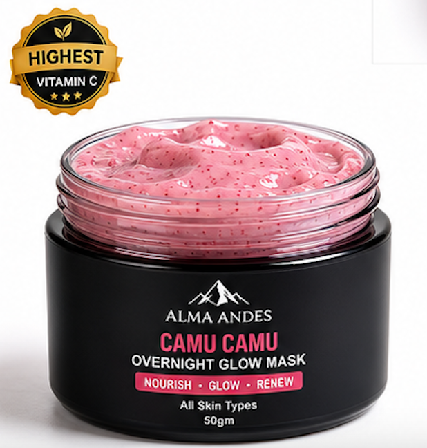 Pink overnight glow mask in a black jar with 'Alma Andes' branding on a white background.
