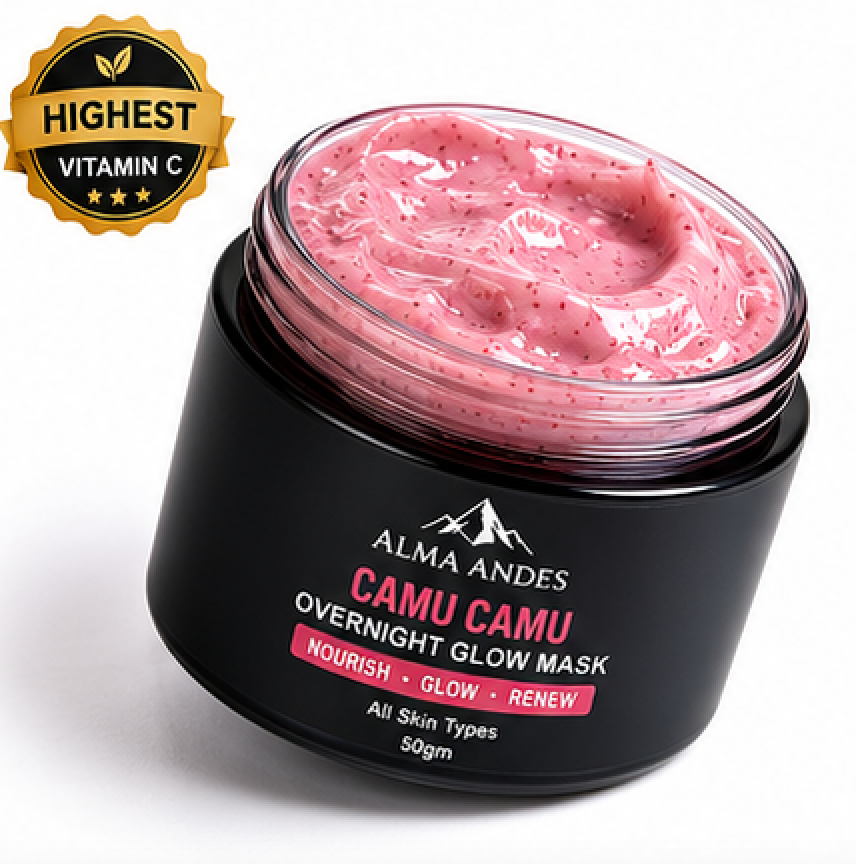 Pink overnight glow mask in a black jar with 'Alma Andes' branding on a white background.