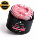 Pink overnight glow mask in a black jar with 'Alma Andes' branding on a white background.
