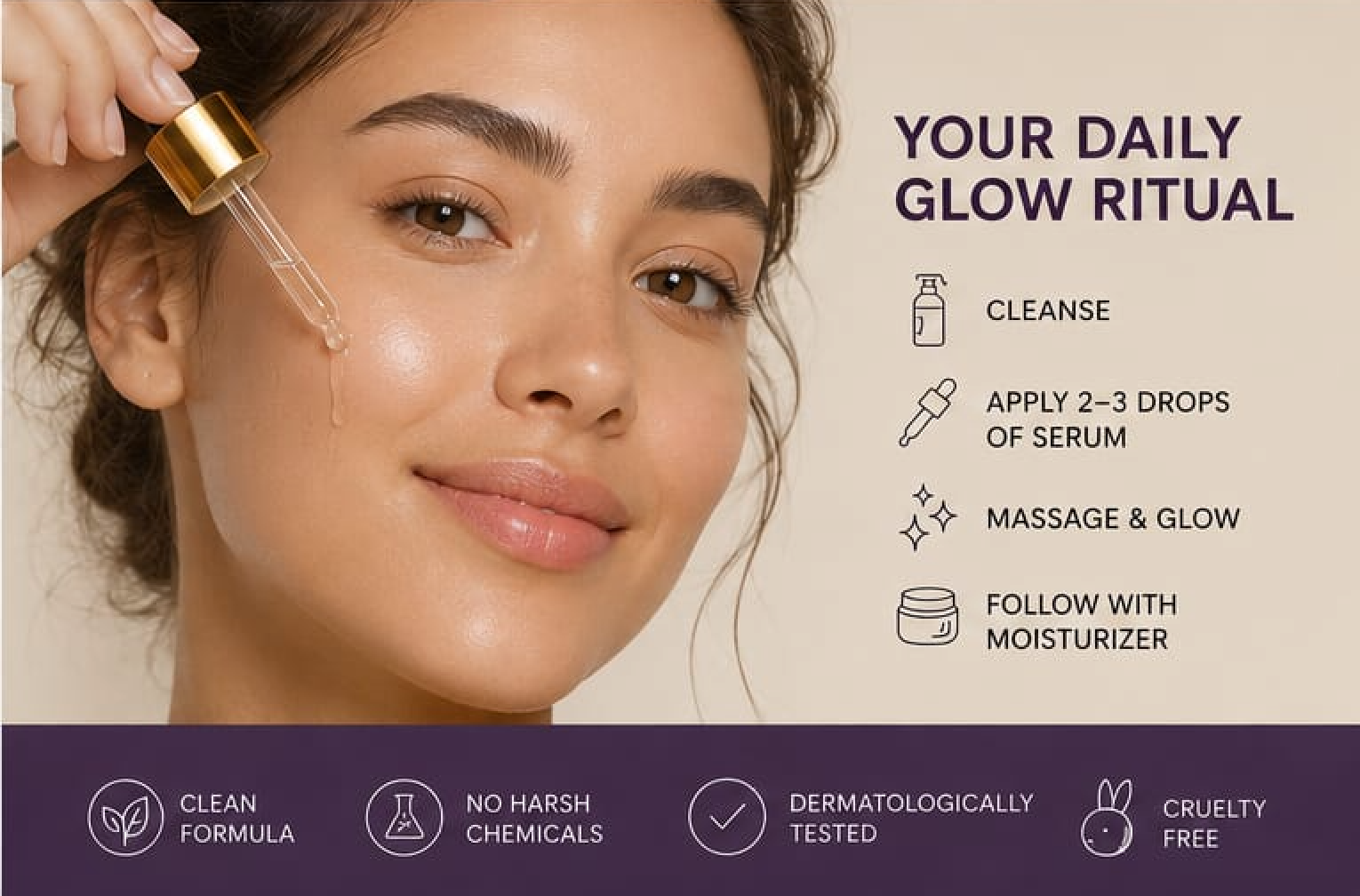 Woman applying serum to face with text on daily glow ritual