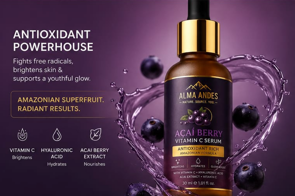 Alma Andes Acai Berry Vitamin C Serum bottle with blueberries and water droplets on a purple background