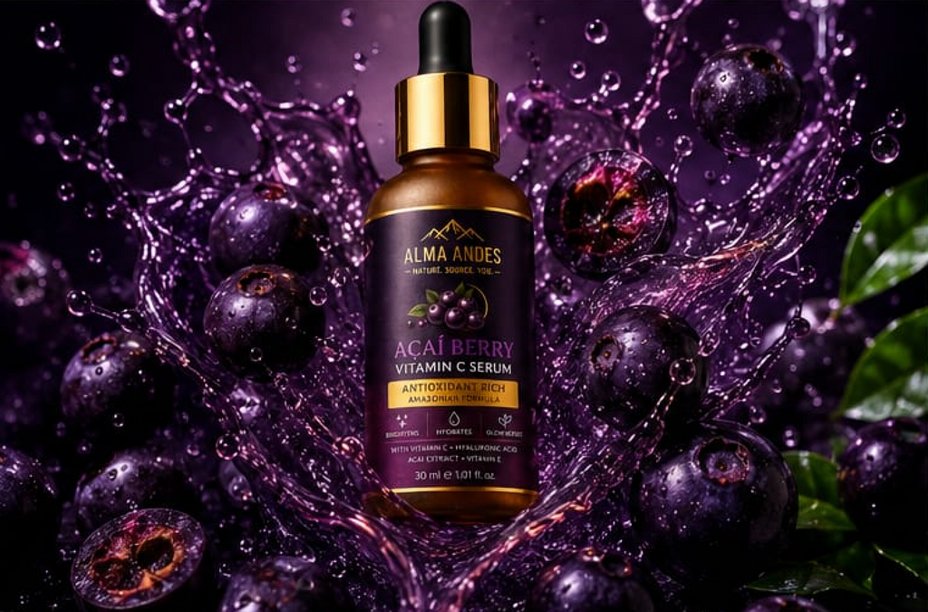 Alma Andes Acai Berry Vitamin C Serum bottle with a dropper surrounded by purple berries and water droplets on a dark background.