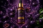Alma Andes Acai Berry Vitamin C Serum bottle with a dropper surrounded by purple berries and water droplets on a dark background.