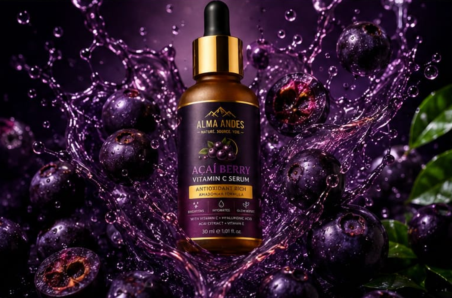 Alma Andes Acai Berry Vitamin C Serum bottle with a dropper surrounded by purple berries and water droplets on a dark background.
