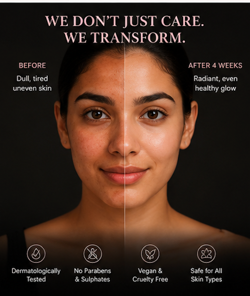 Before and after comparison of a woman's face with text and icons indicating product benefits.