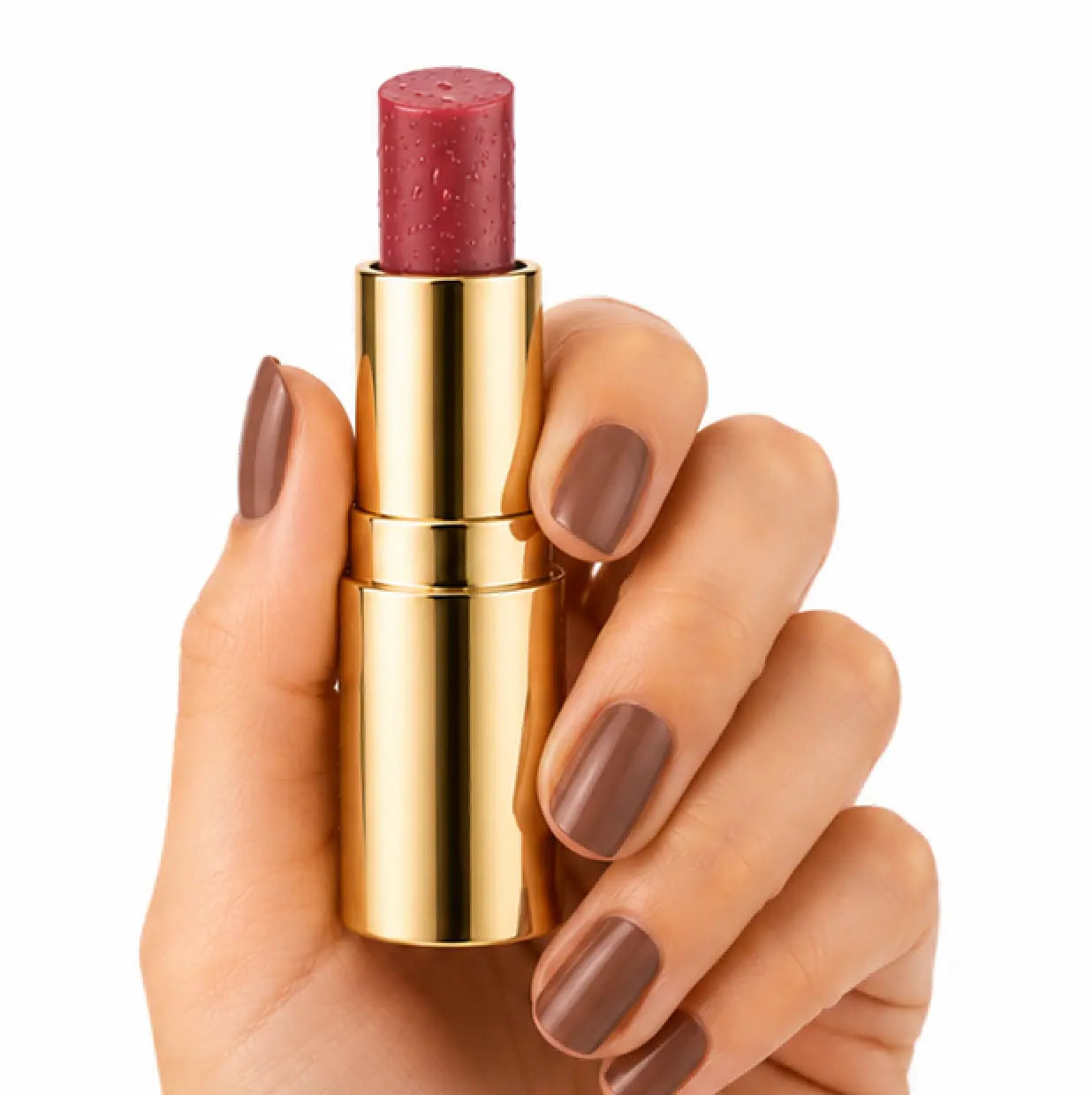 Gold lipstick case with red lipstick held by a hand on a white background