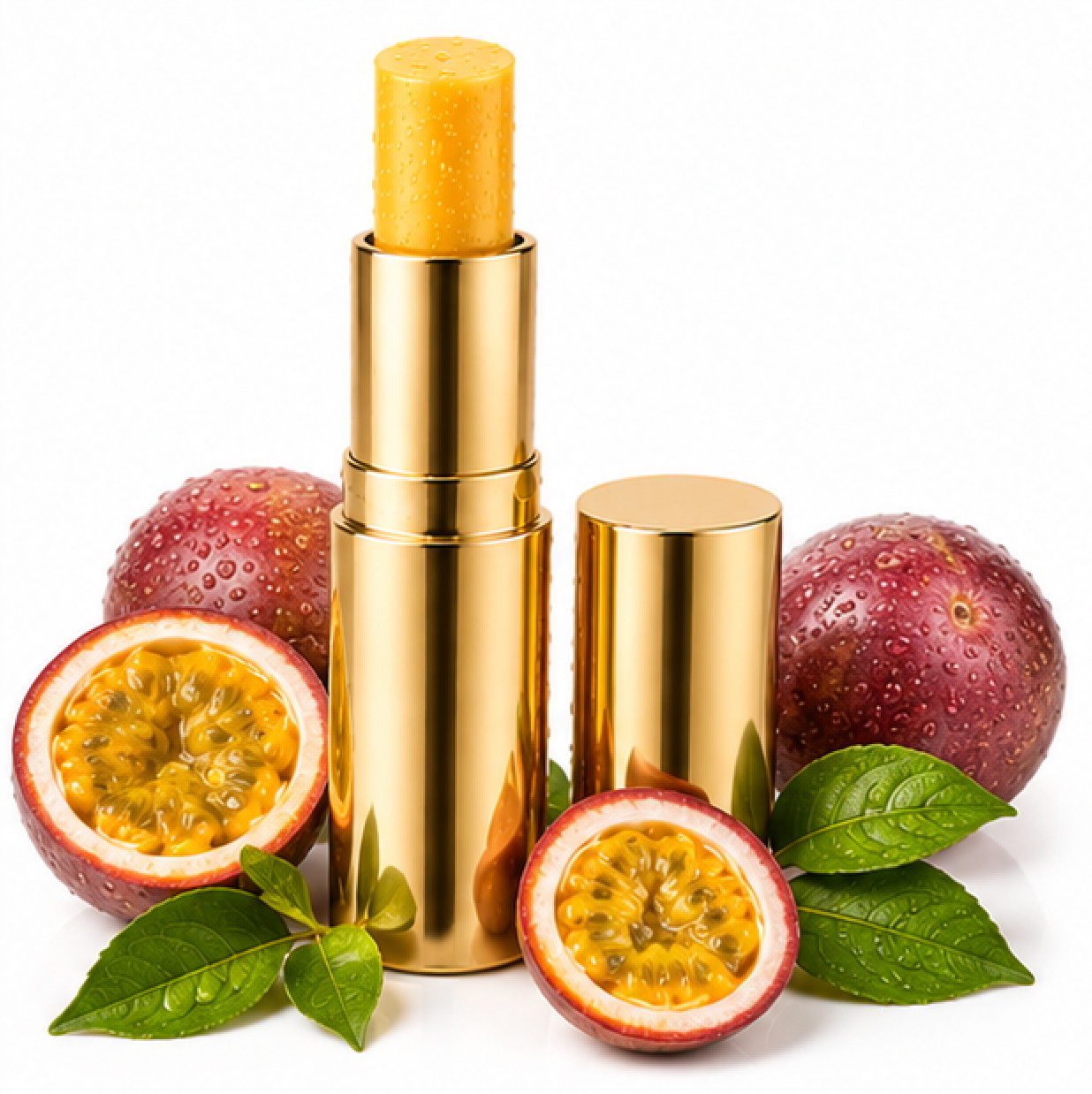 Gold lipstick with passion fruit on a white background