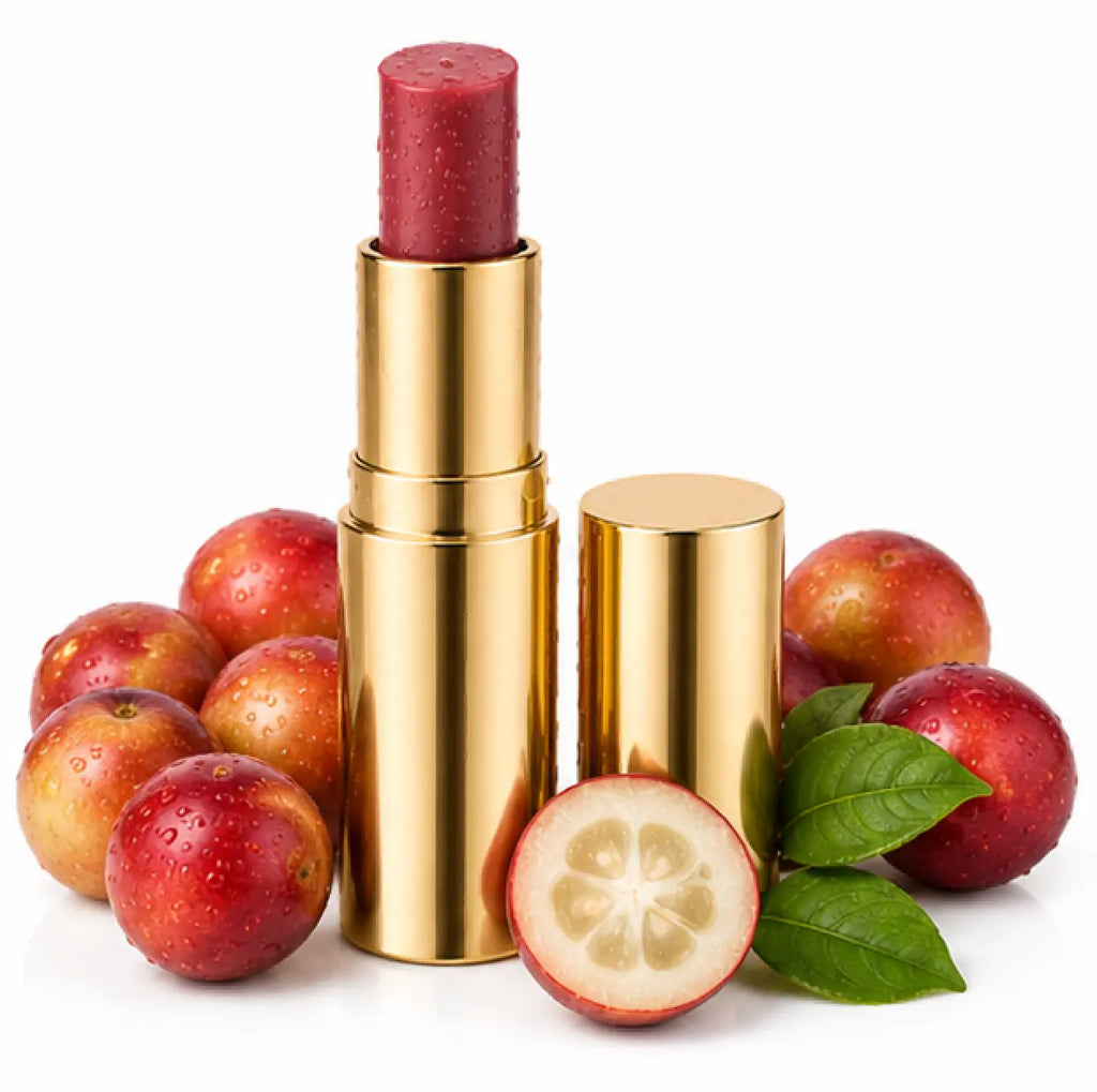Gold lipstick with red lipstick next to plums and a halved plum on a white background