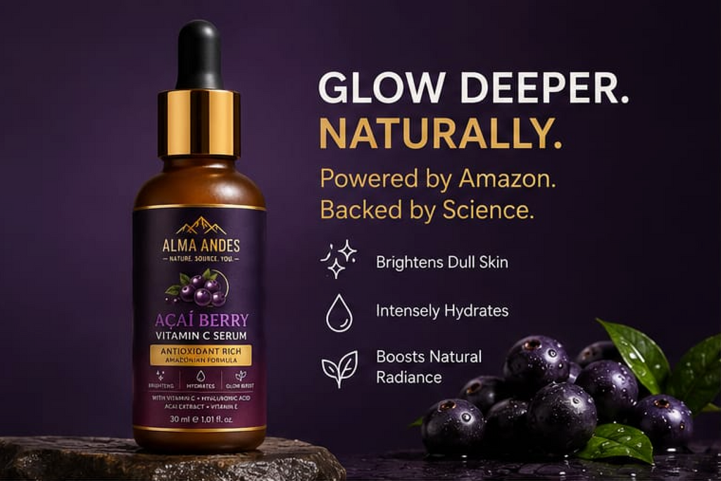 Alma Andes Acai Berry Vitamin C serum bottle with dropper on a dark background, featuring text about product benefits.