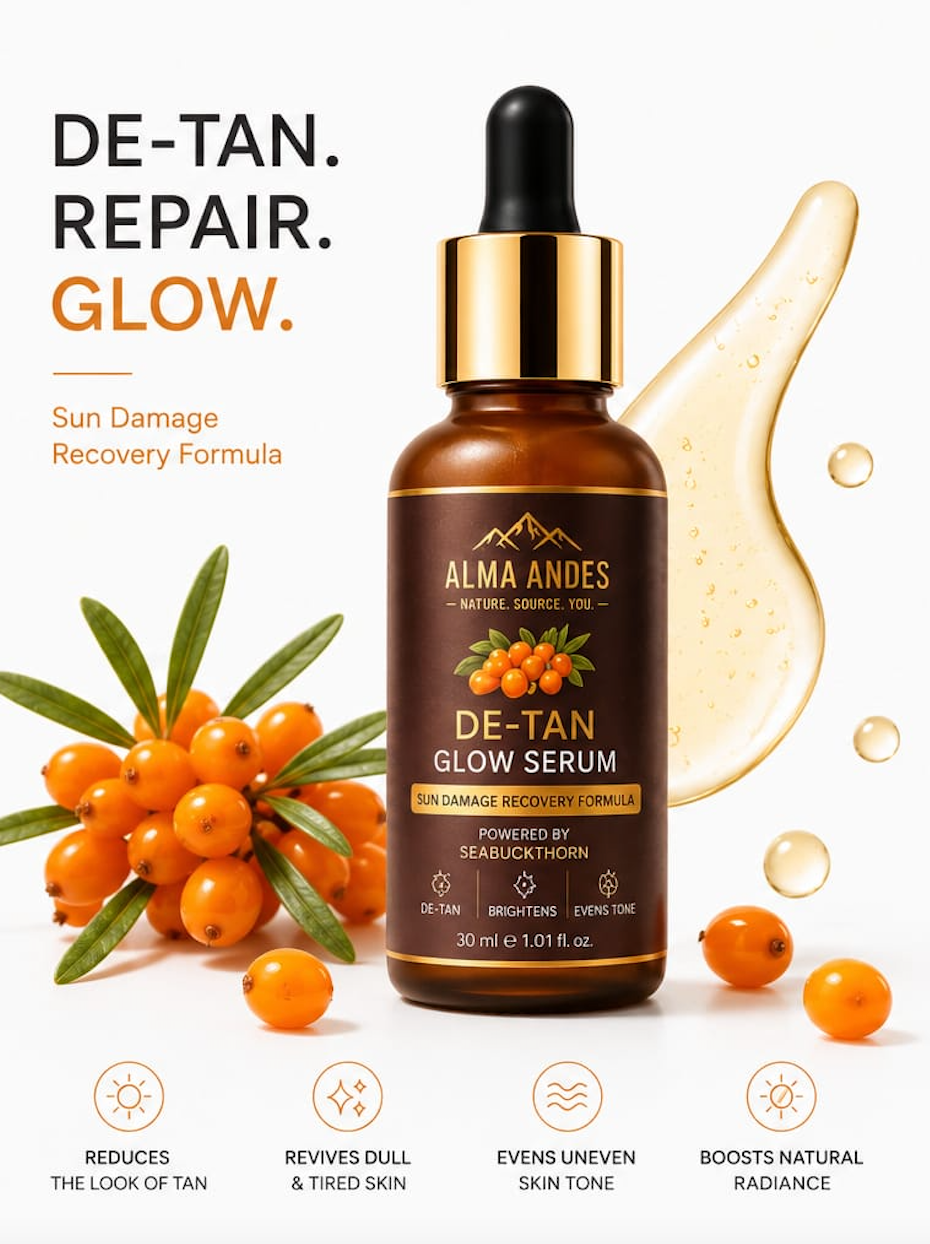 Alma Andes De-Tan Glow Serum bottle with sea buckthorn berries on a light background